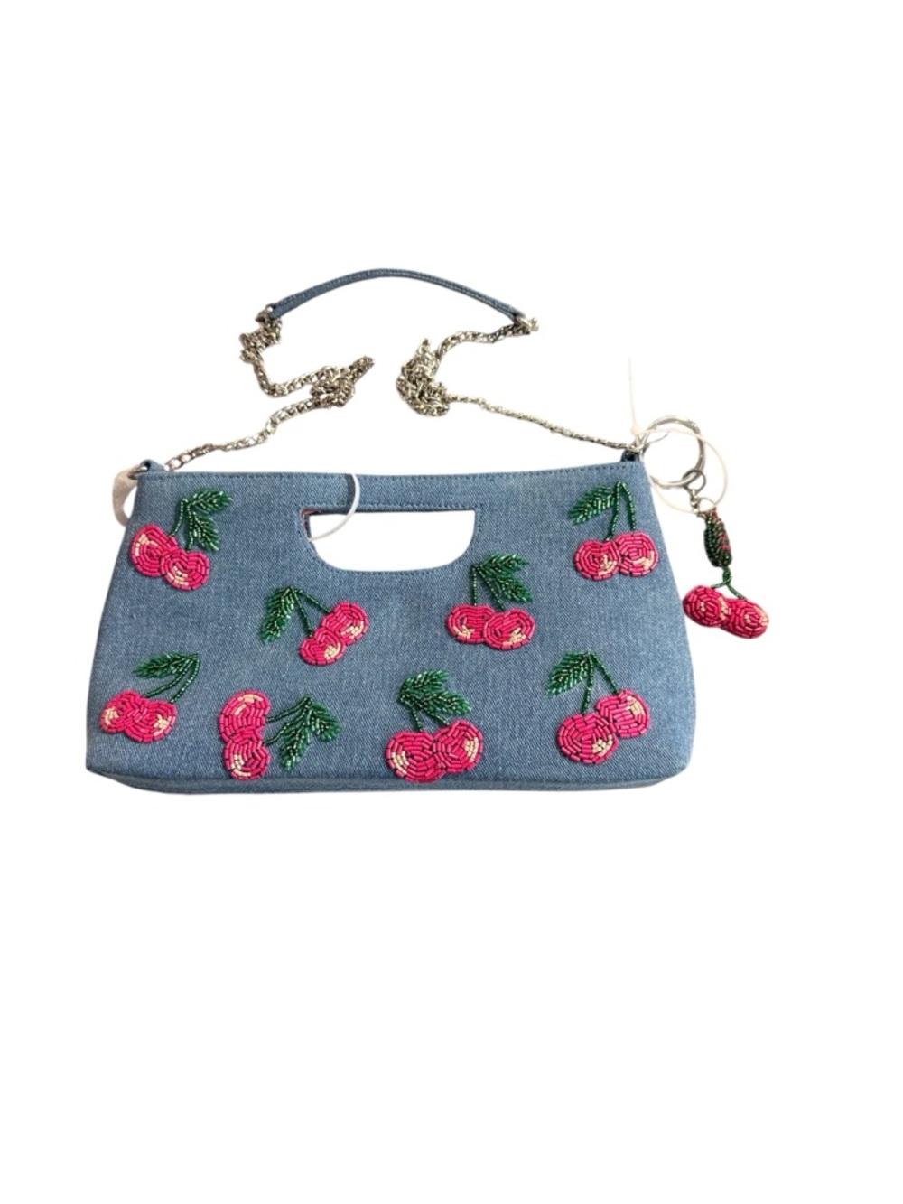 Viral Hand beaded Pink Cherry Denim Shoulder Bag —NWT
